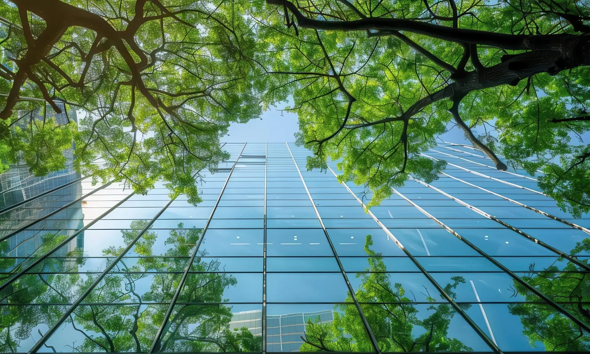 corporate glass building reflecting lush green trees symbolizing esg principles sustainable architecture urban ecofriendly design