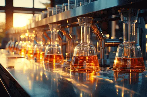 Science laboratory, glass equipment with liquid inside in rows