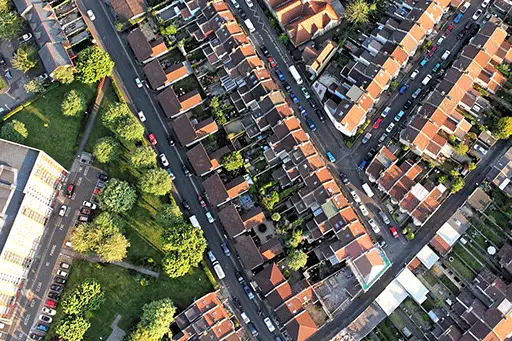 Aerial view of residential houses and streets