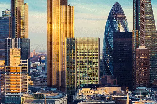 Image of London buildings, sun drenched tall buildings