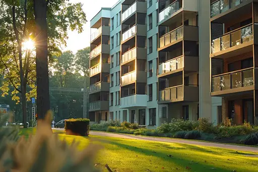 Block of flats in garden setting at dusk
