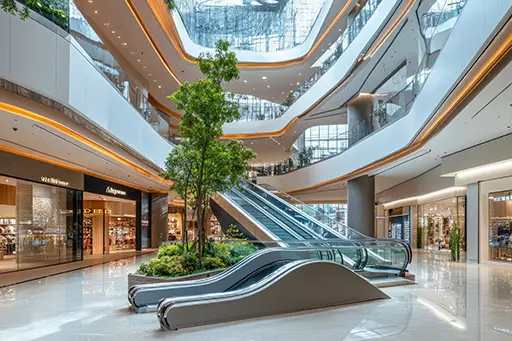 Inside of shopping centre with shopfronts and escalators