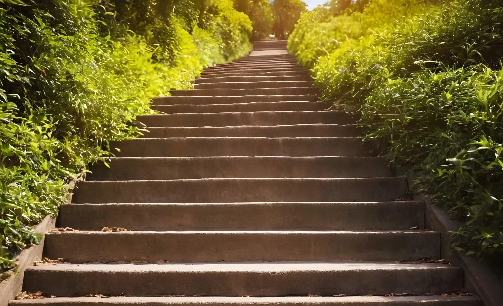 Concrete staircase among green bushes
