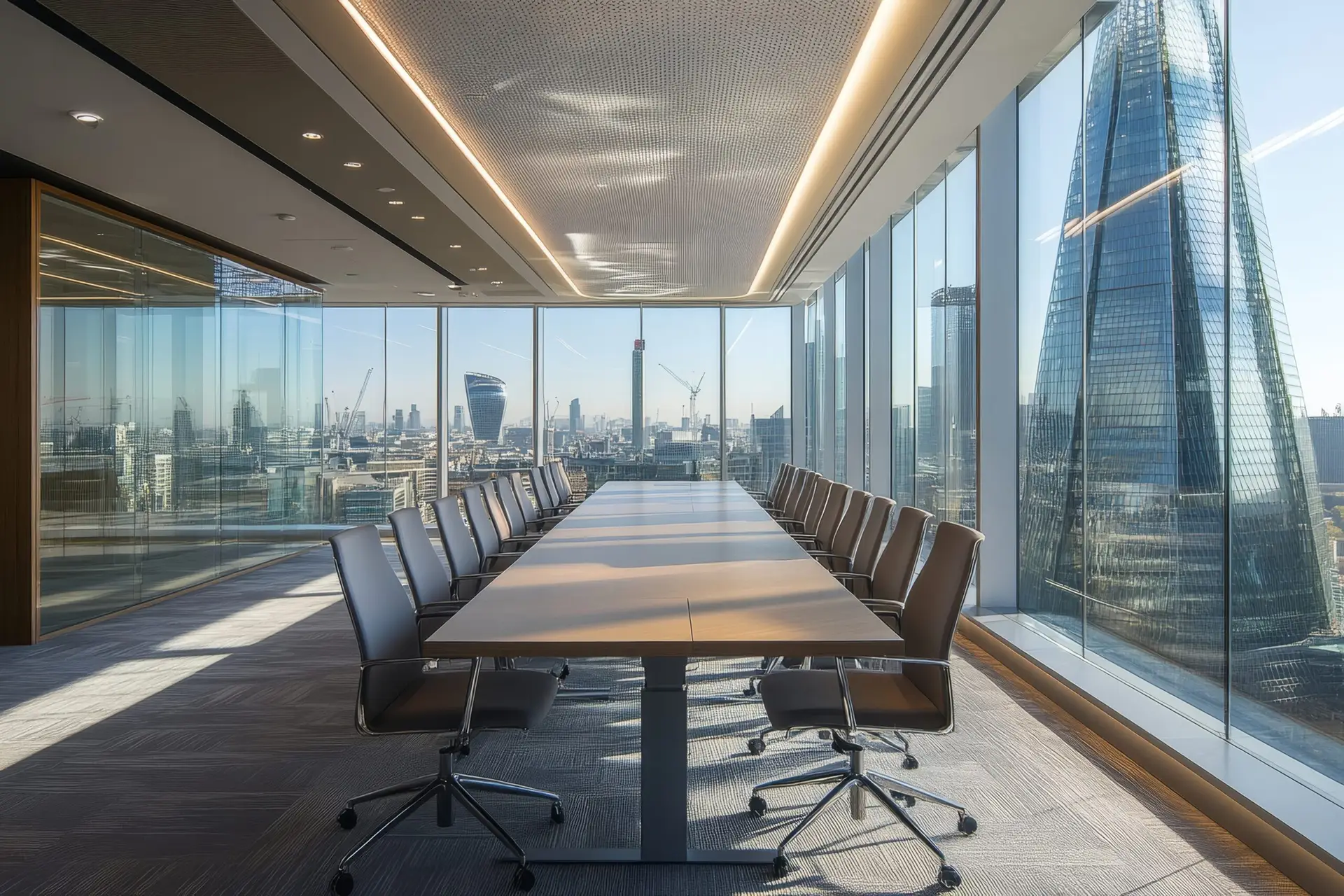 An empty boardroom with views over London skyline
