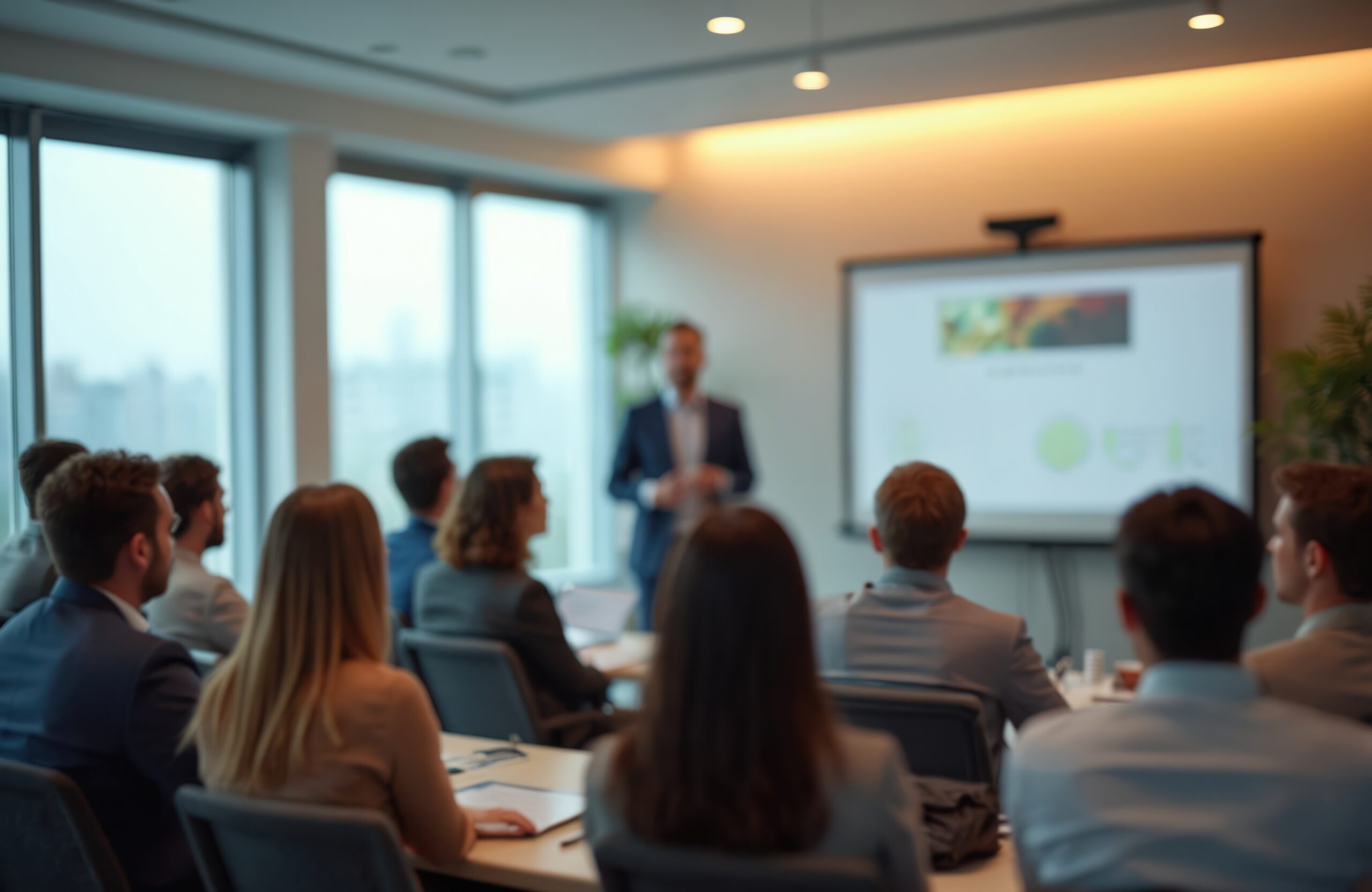 Blurred photo of business presentation in modern conference room. Focused audience listens to speaker. Corporate seminar workshop with interaction, learning opportunities for company employees